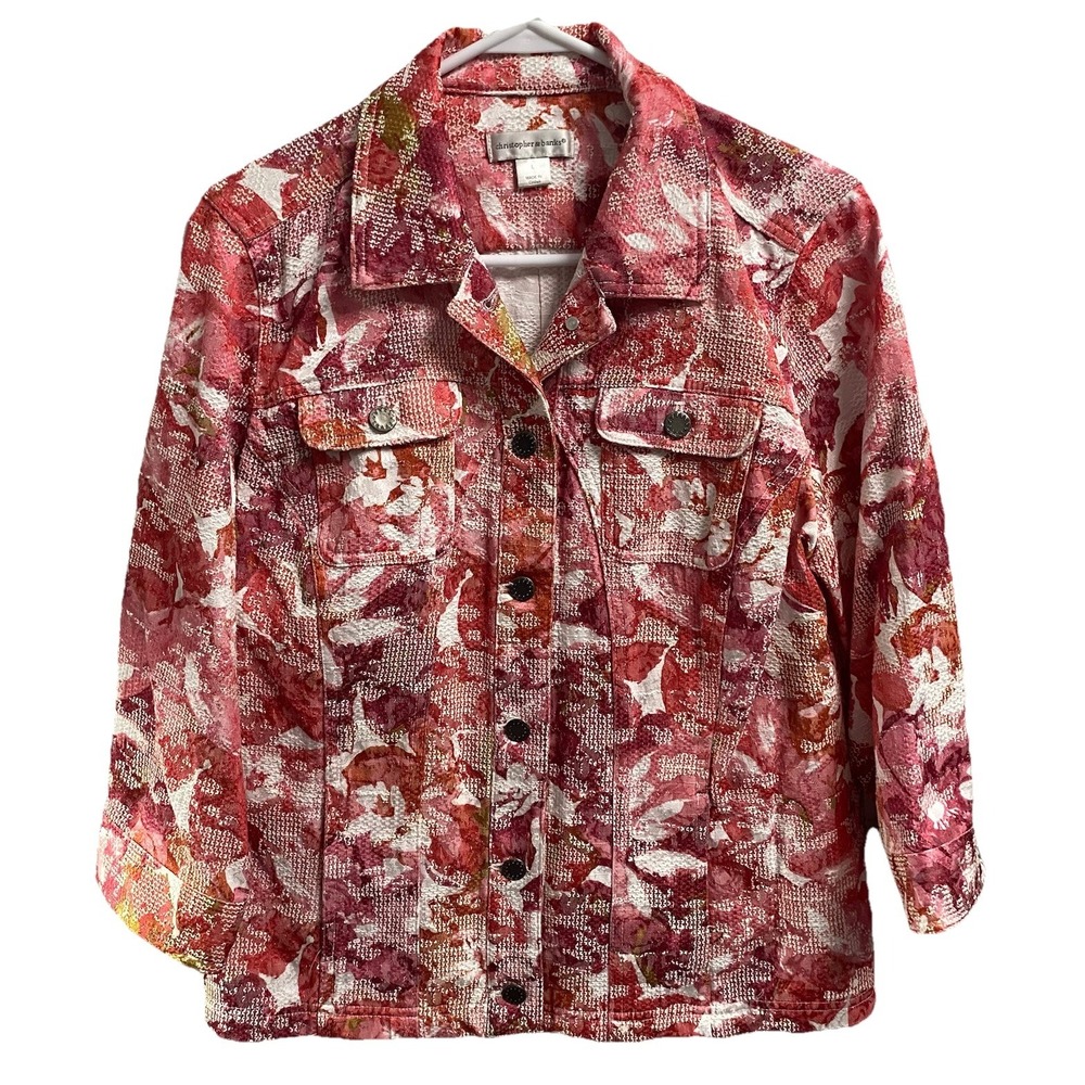 Christopher&Banks Womens Floral Button Up Jacket Pink‎ & White Blazer Coat Sz. L
